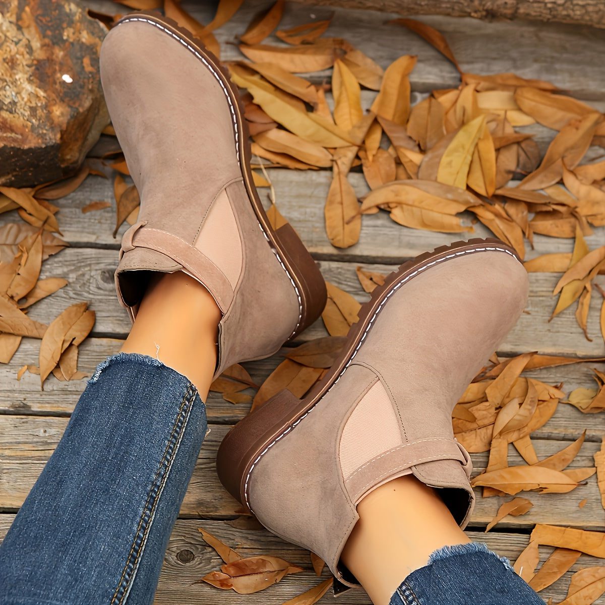 Women's Rounded-Toe Chelsea Boots with Adjustable Buckle Strap - Light Pink