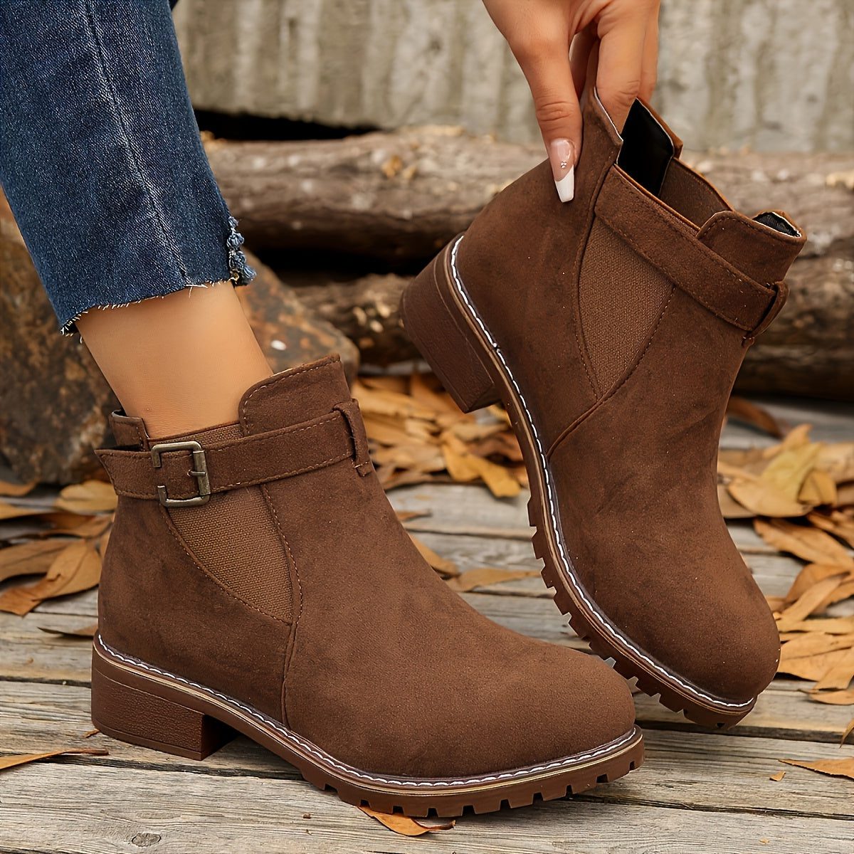 Women's Rounded-Toe Chelsea Boots with Adjustable Buckle Strap - Caramel Brown