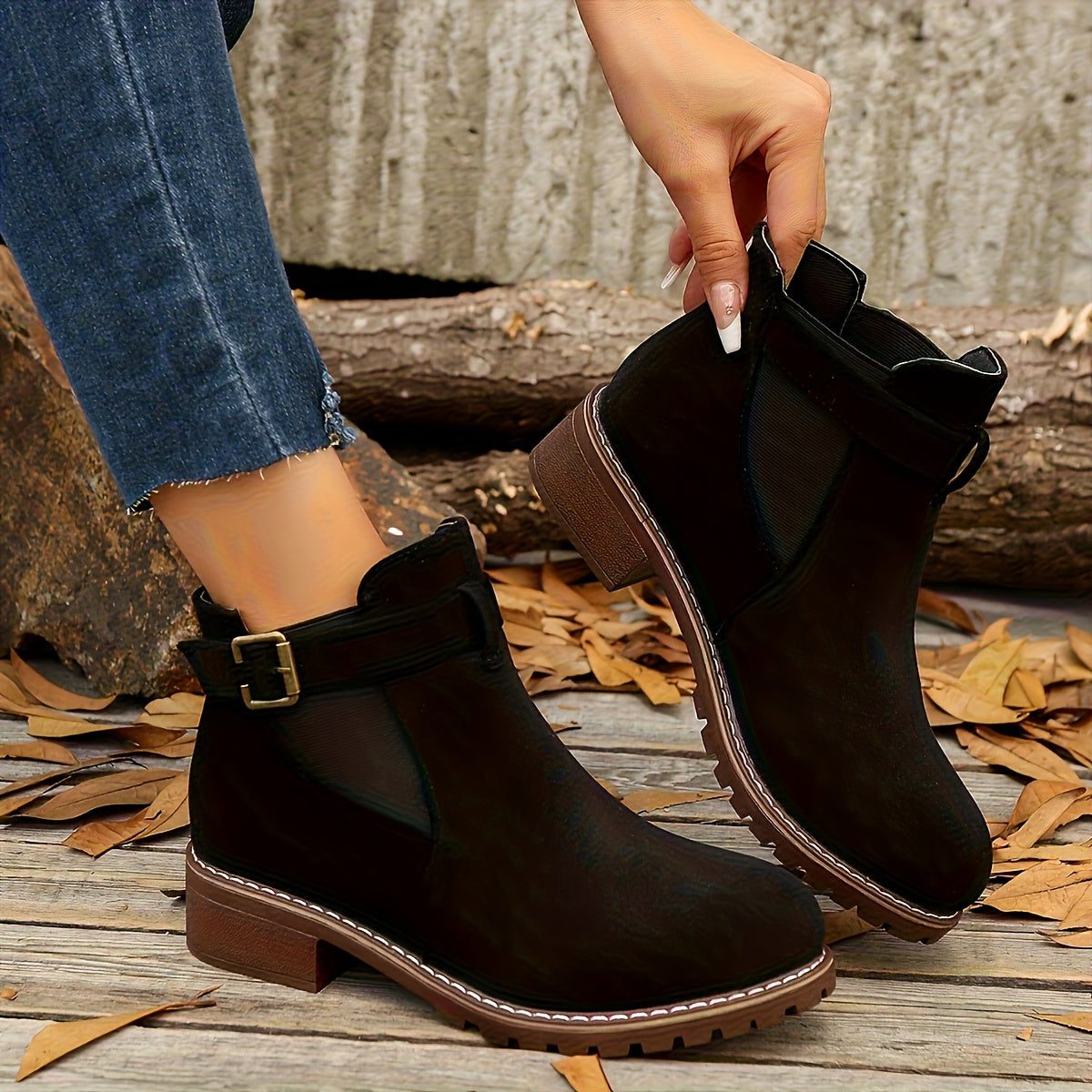 Women's Rounded-Toe Chelsea Boots with Adjustable Buckle Strap