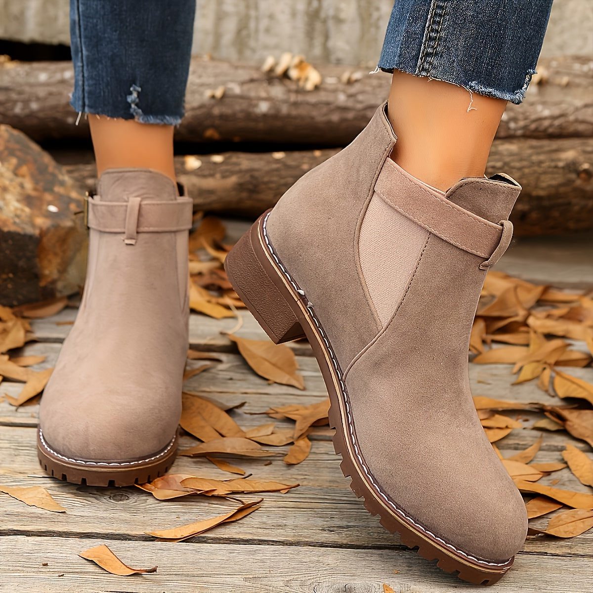 Women's Rounded-Toe Chelsea Boots with Adjustable Buckle Strap