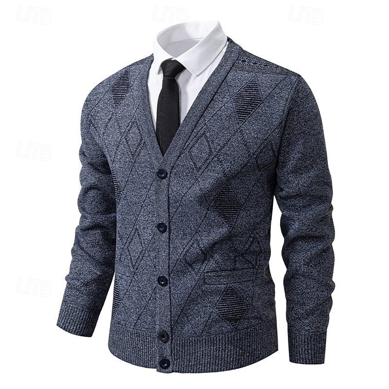 Men's Argyle V-Neck Button Cardigan with Side Pockets