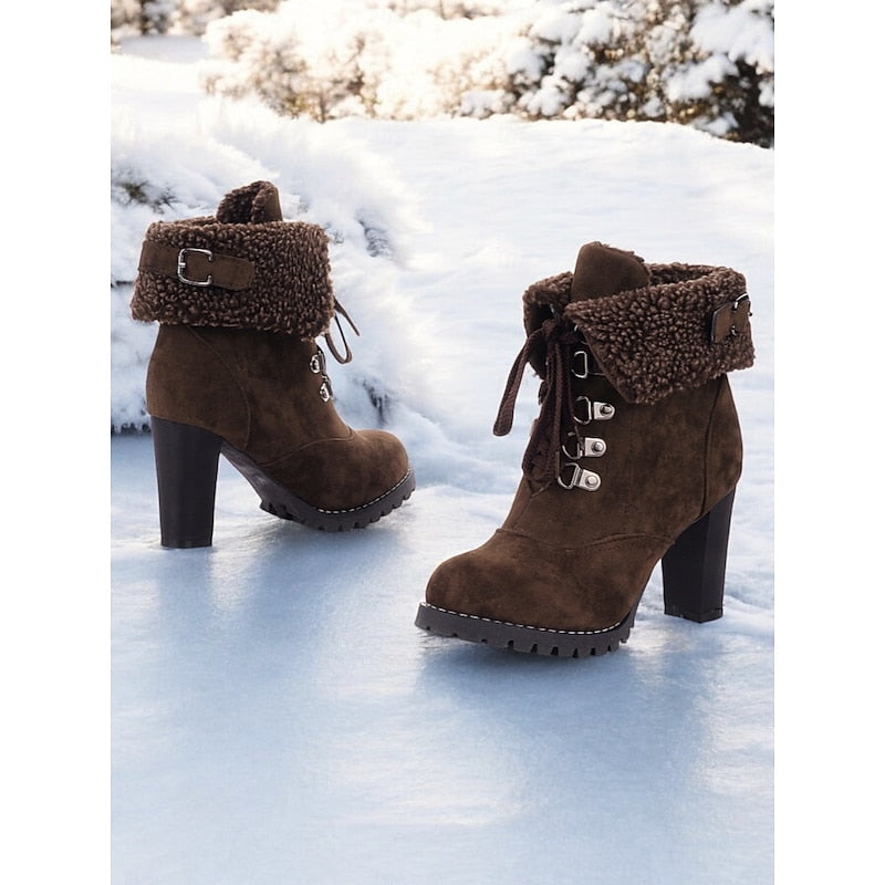Women's Plush-Lined Lace-Up Winter Boots with Chunky Heel