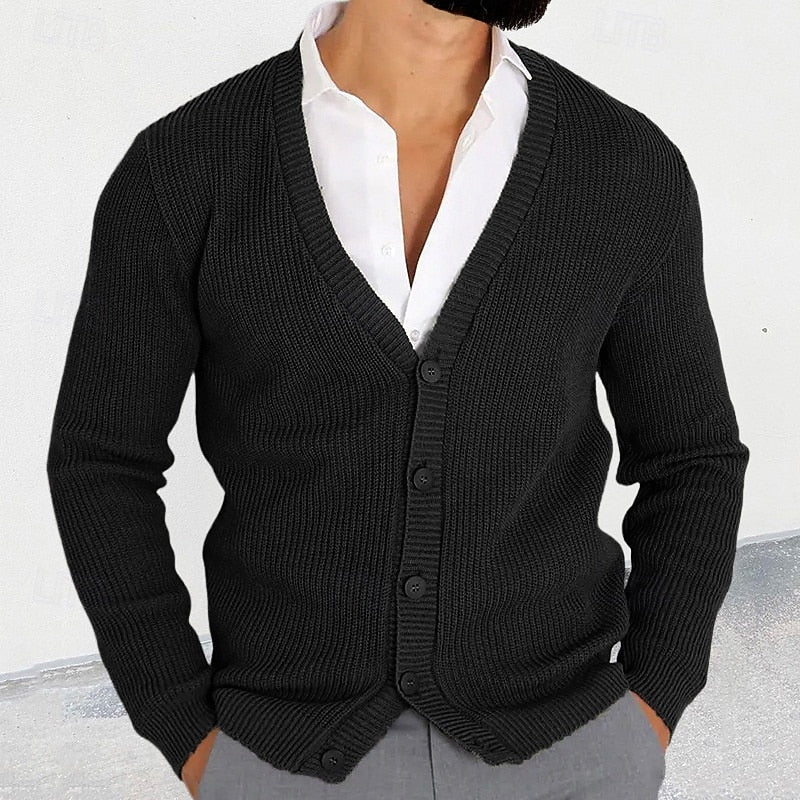 Men's Classic V-Neck Ribbed Button-Down Cardigan - Black