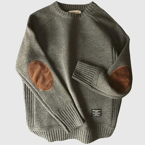 Men's Crew-Neck Jumper with Elbow Patches - Gray