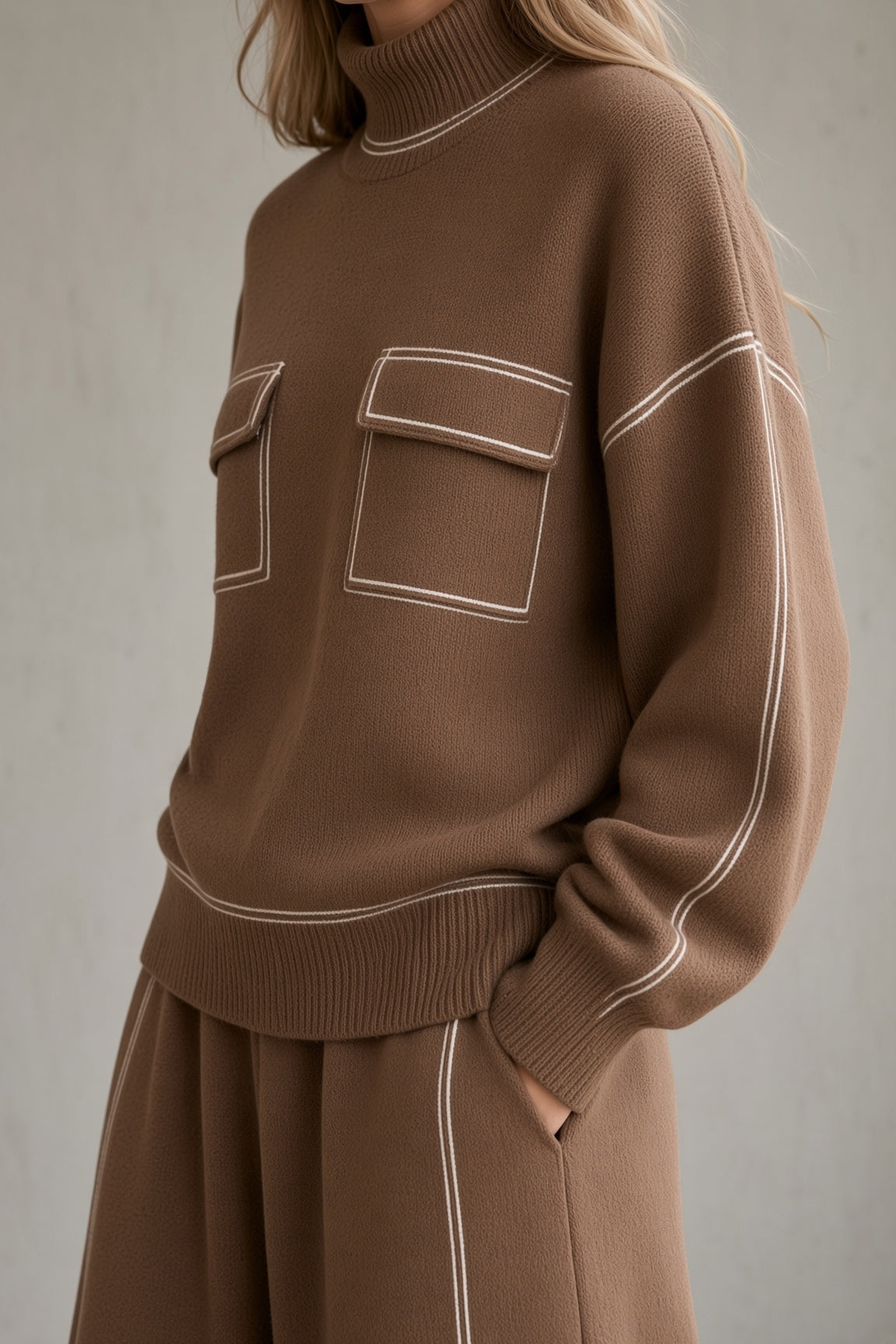 Women's Knit Turtleneck Top and Flared Skirt Two-Piece Set