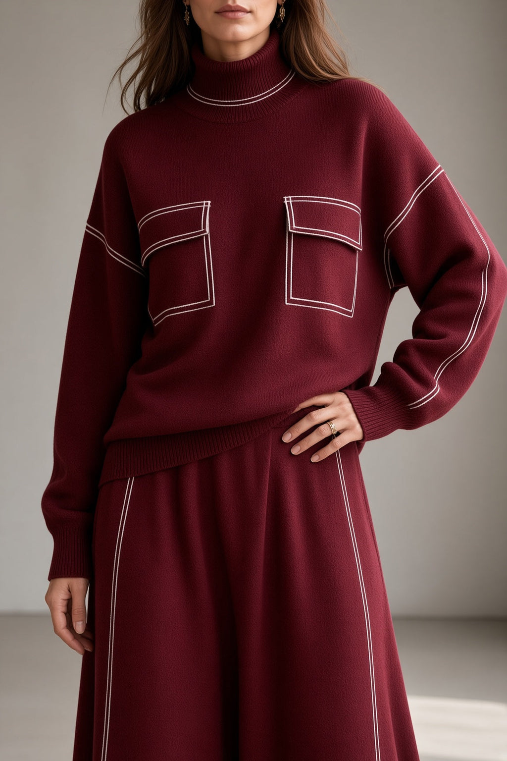 Women's Knit Turtleneck Top and Flared Skirt Two-Piece Set