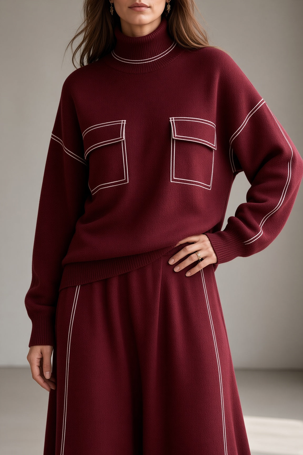 Women's Knit Turtleneck Top and Flared Skirt Two-Piece Set