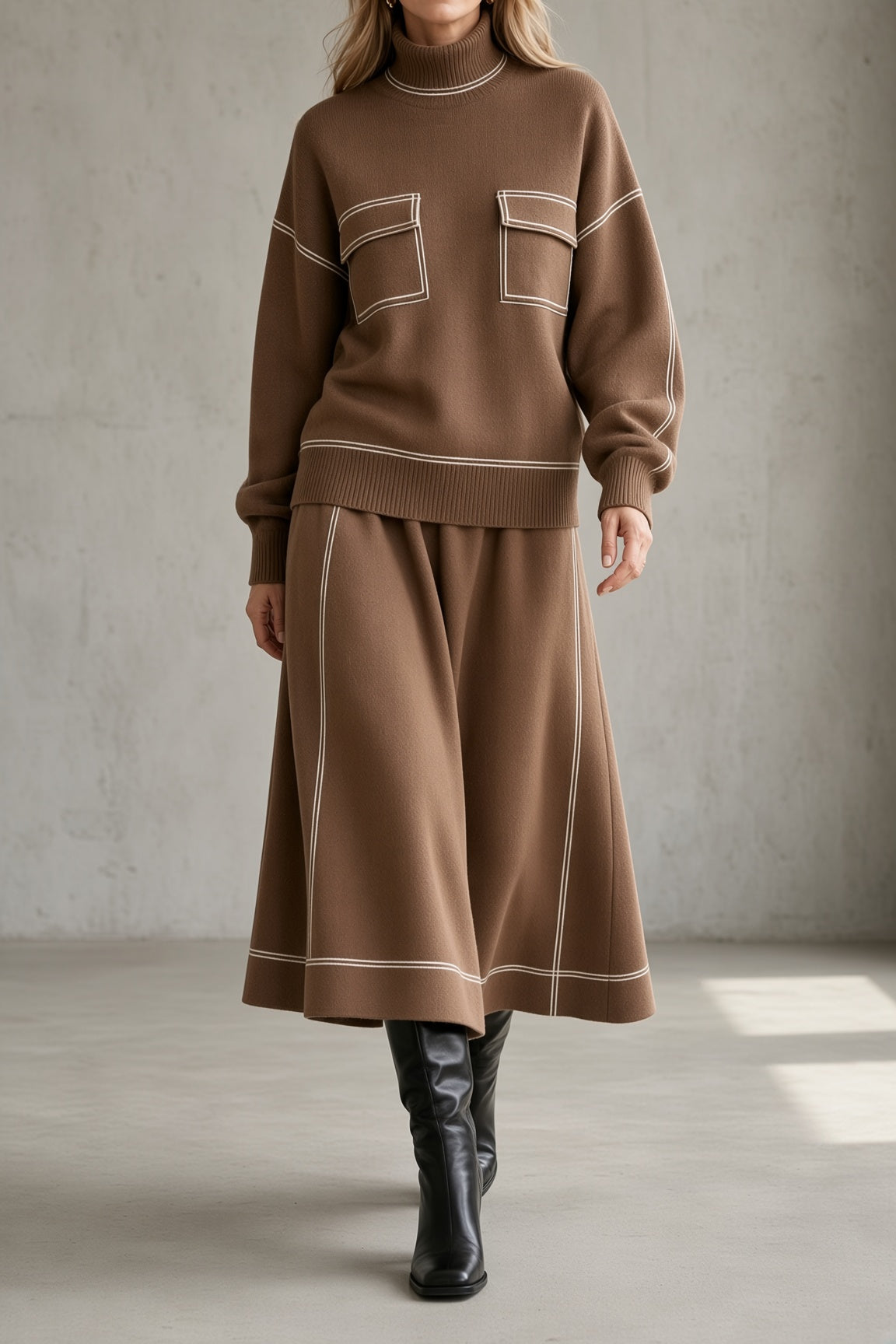 Women's Knit Turtleneck Top and Flared Skirt Two-Piece Set - Brown