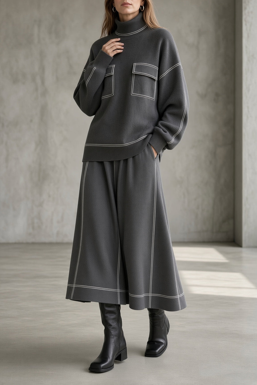 Women's Knit Turtleneck Top and Flared Skirt Two-Piece Set