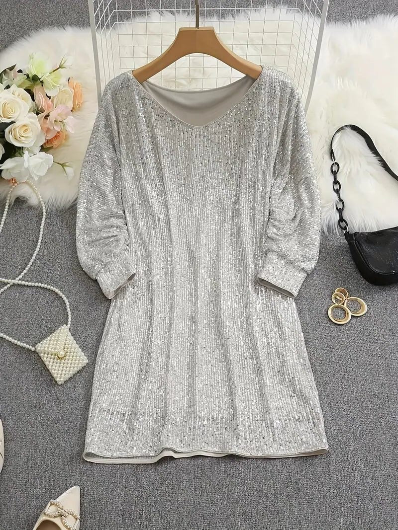 Women's Relaxed Three-Quarter Sleeve Sequin Party Dress