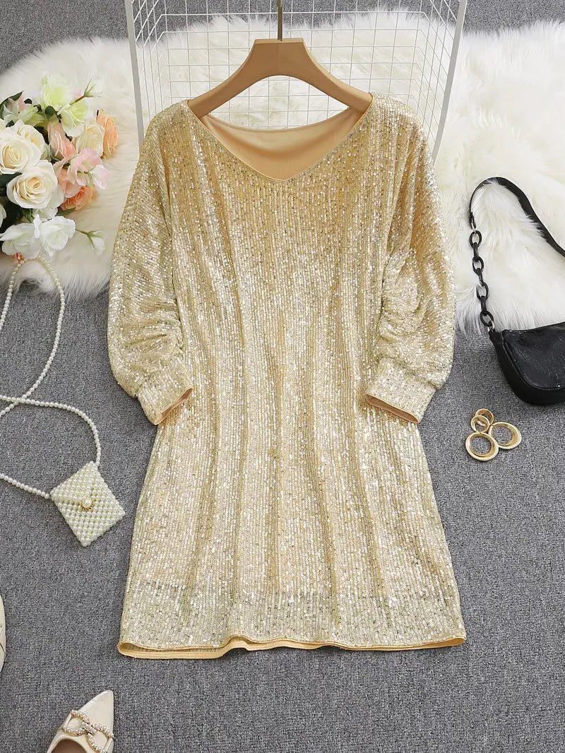 Women's Relaxed Three-Quarter Sleeve Sequin Party Dress