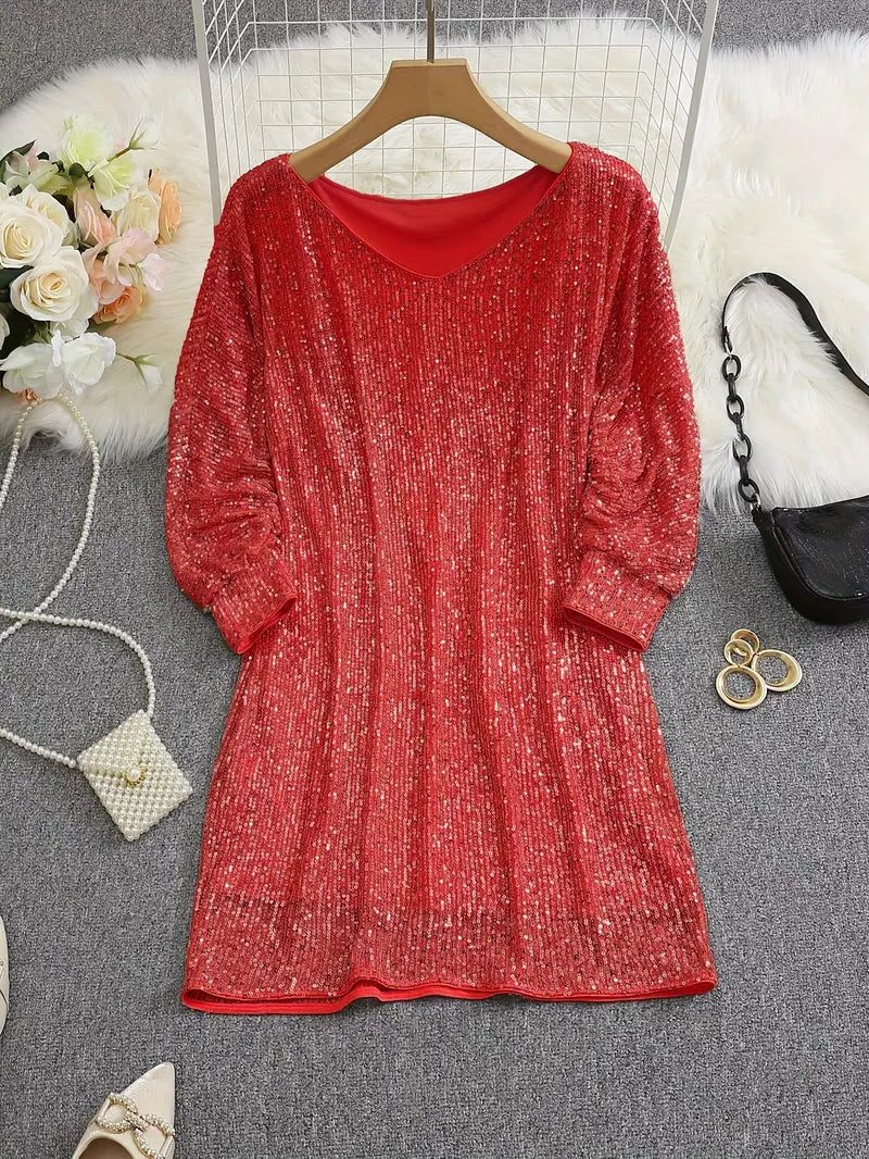 Women's Relaxed Three-Quarter Sleeve Sequin Party Dress