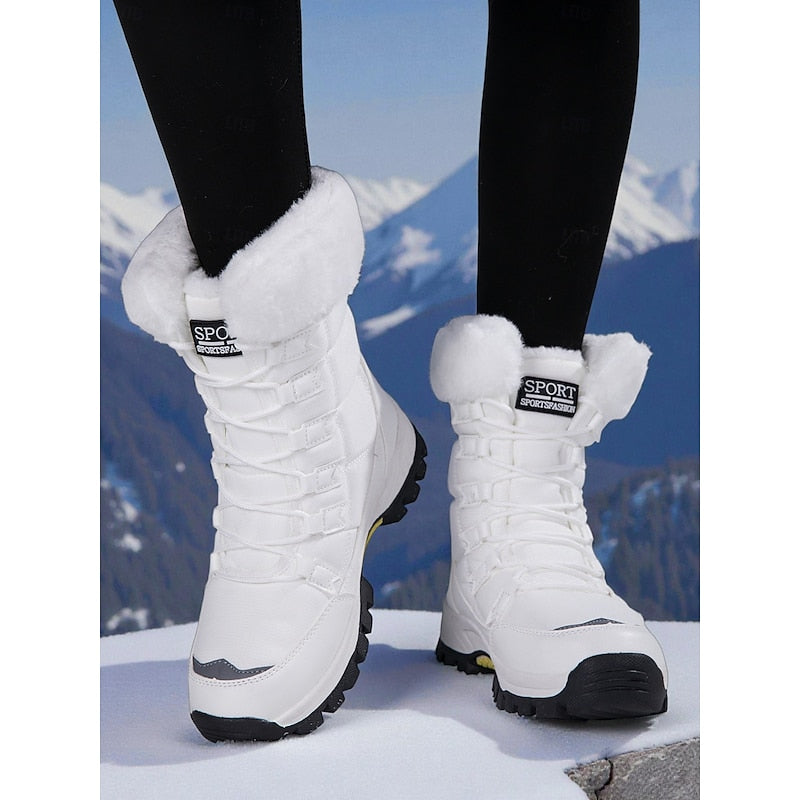 Women's Lace-Up Winter Boots with Grip Sole - White