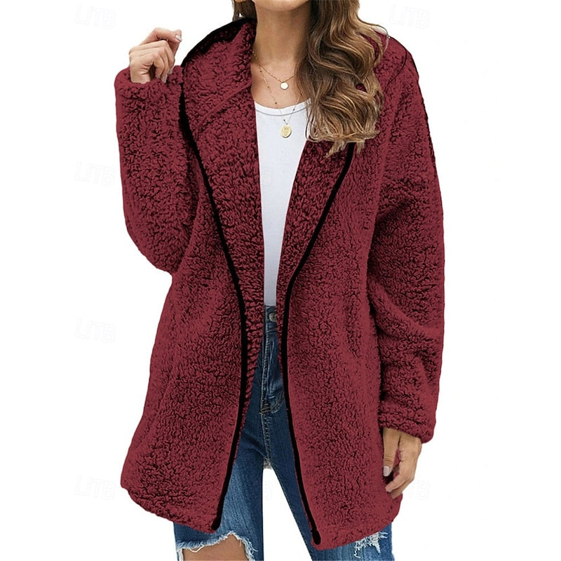 Women's Plush Hooded Zip-Up Jacket - Wine