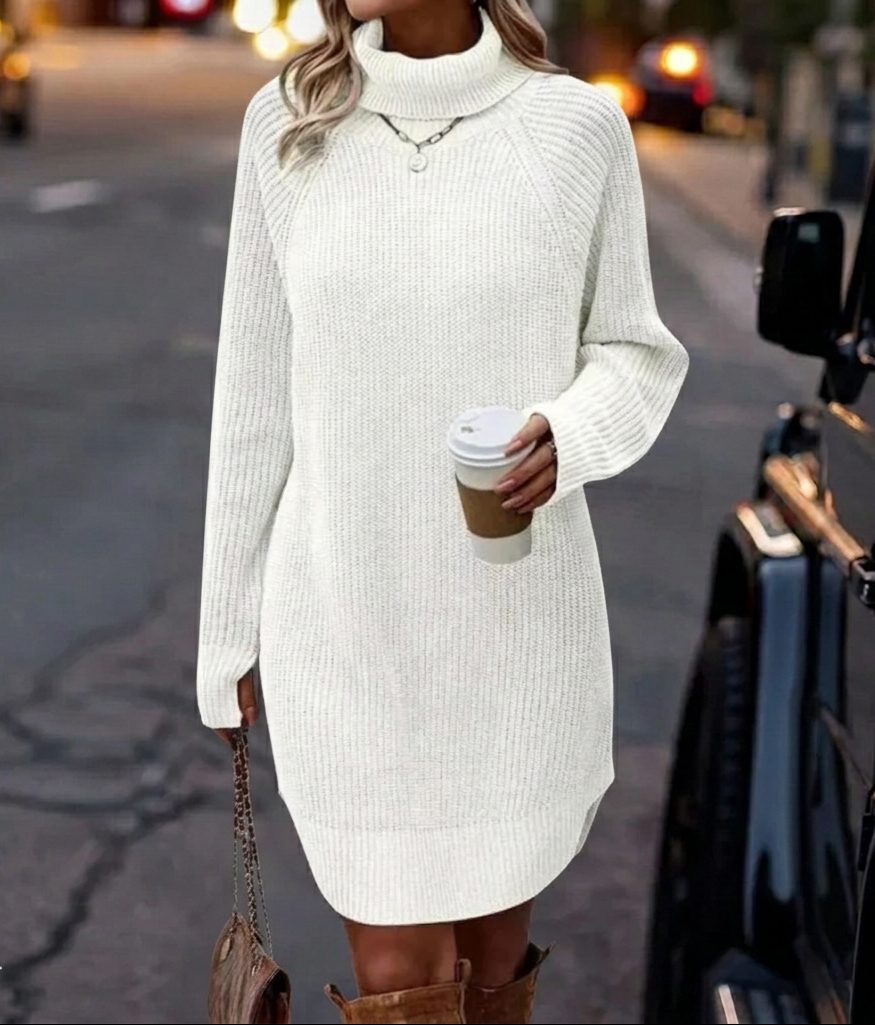 Women's Roll Neck Ribbed Sweater Dress