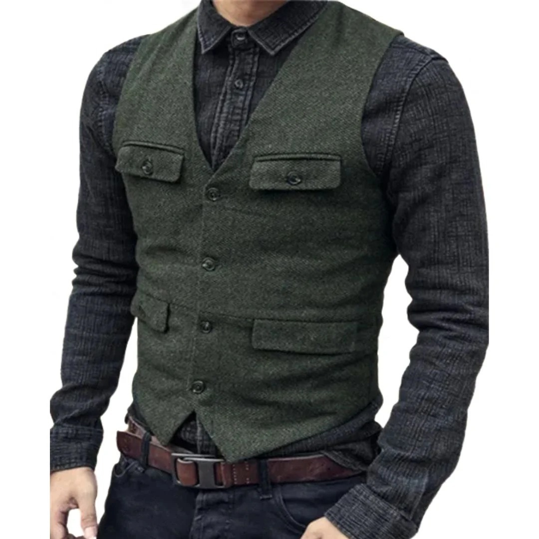 Men's V-Neck Multi-Pocket Traditional Waistcoat