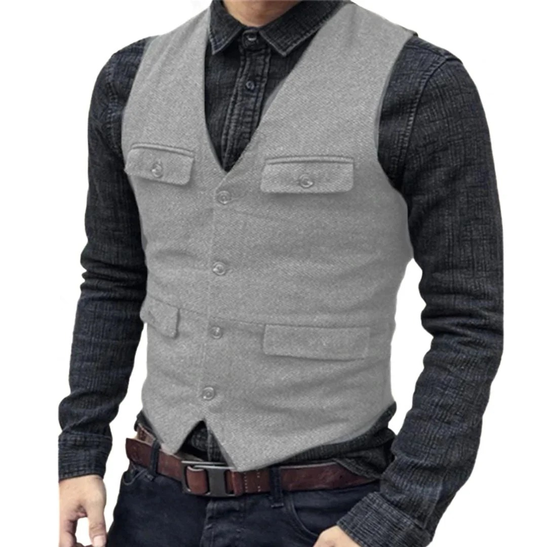 Men's V-Neck Multi-Pocket Traditional Waistcoat - Light Gray