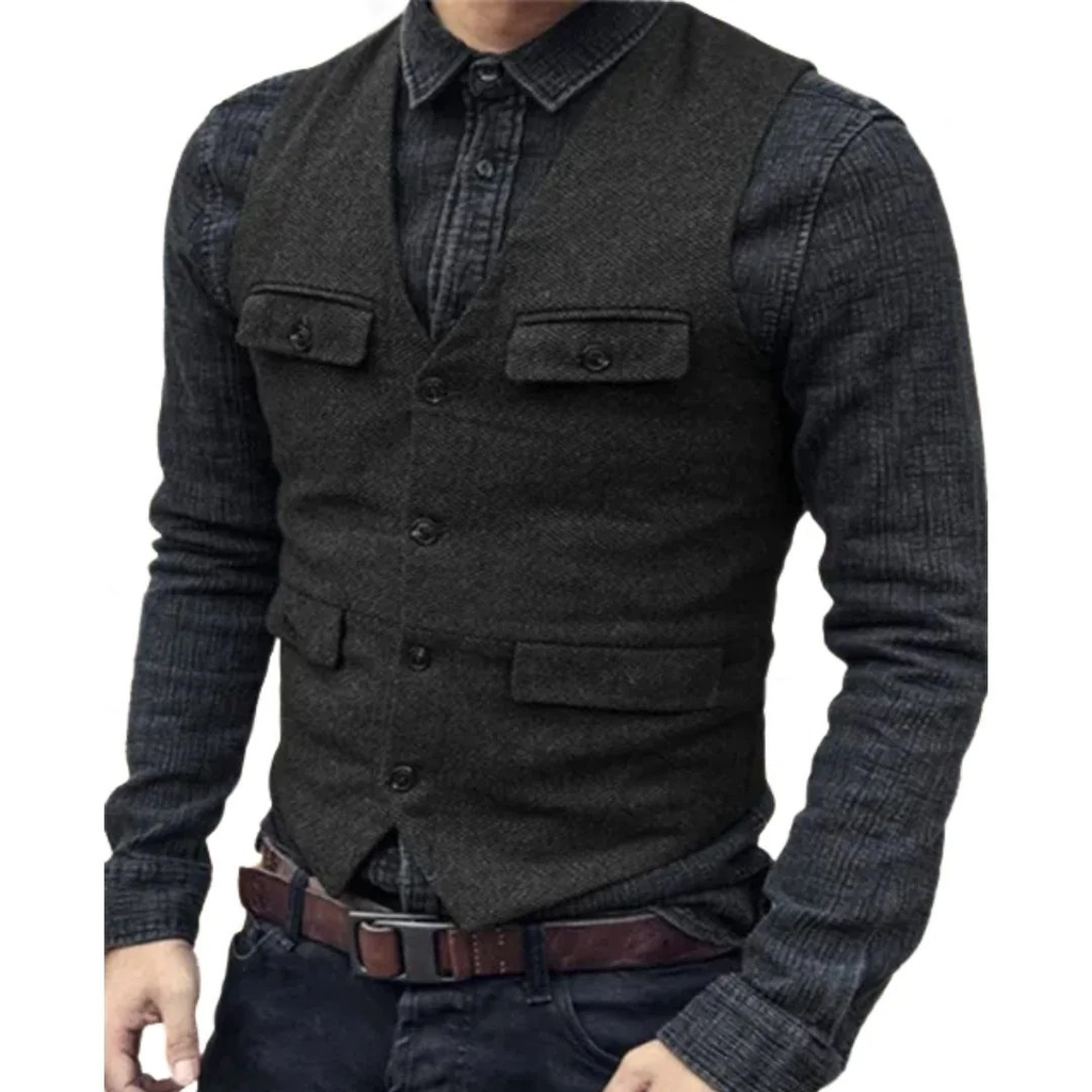 Men's V-Neck Multi-Pocket Traditional Waistcoat