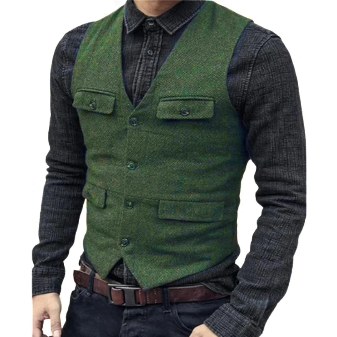 Men's V-Neck Multi-Pocket Traditional Waistcoat