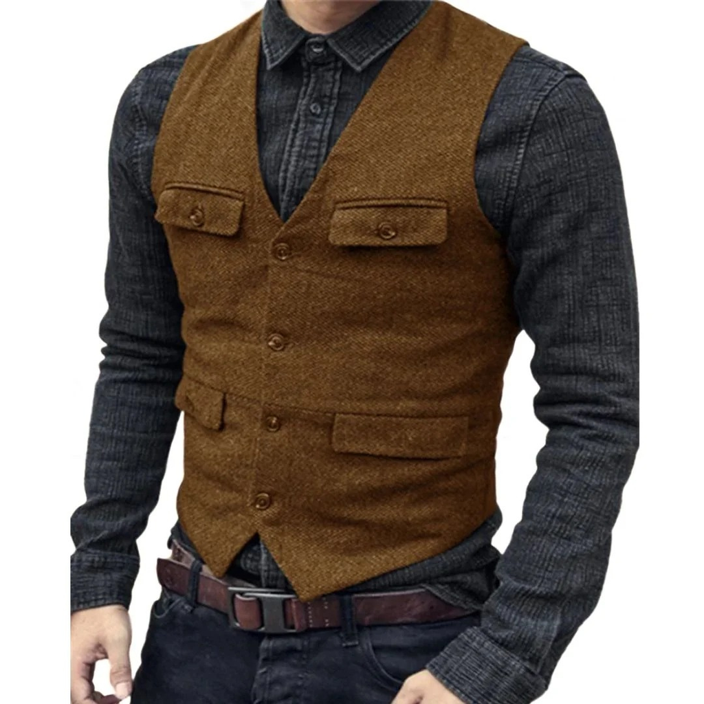 Men's V-Neck Multi-Pocket Traditional Waistcoat