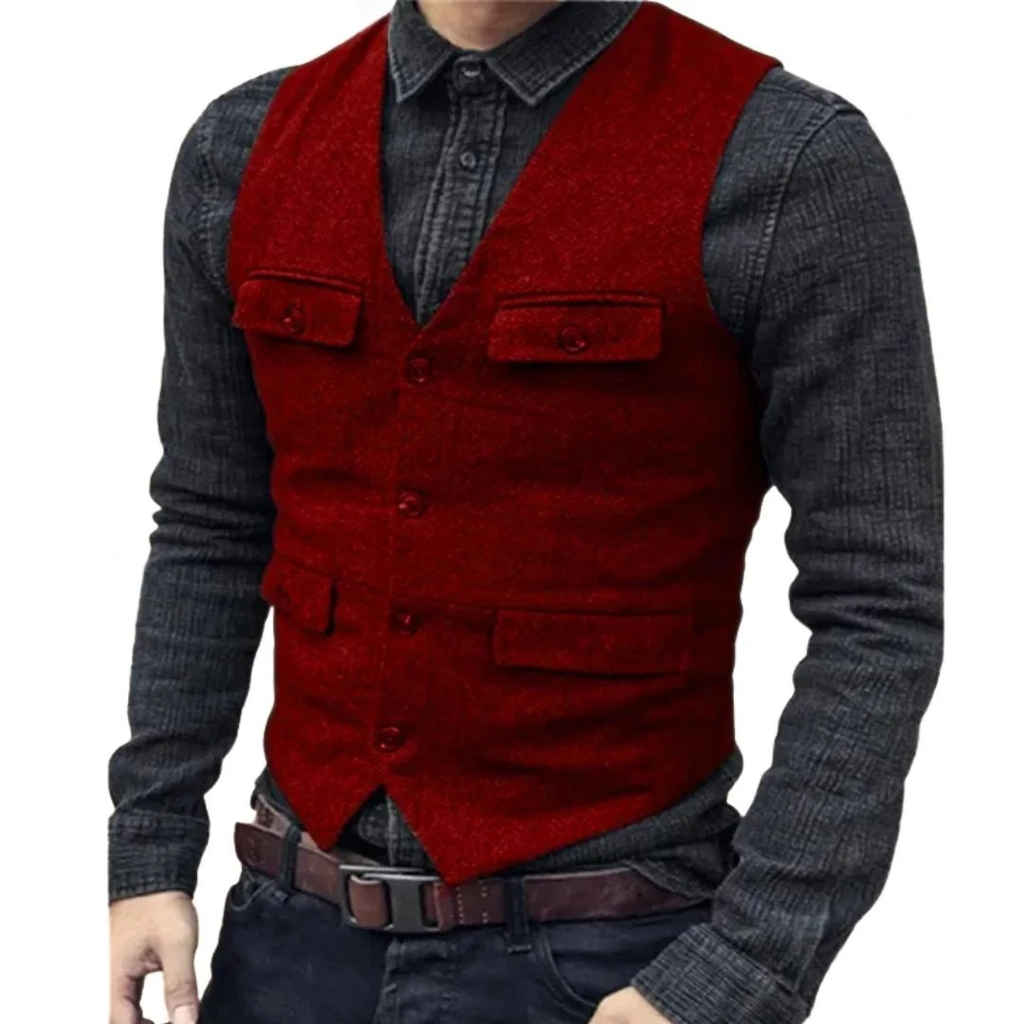 Men's V-Neck Multi-Pocket Traditional Waistcoat