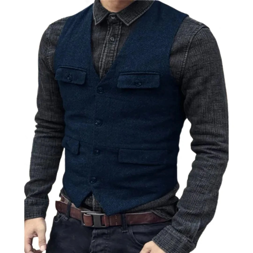 Men's V-Neck Multi-Pocket Traditional Waistcoat