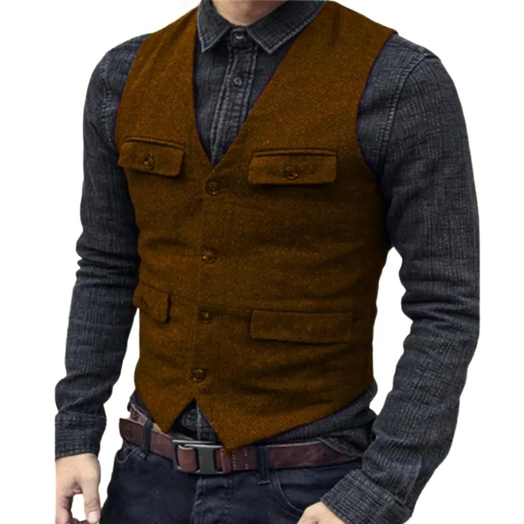 Men's V-Neck Multi-Pocket Traditional Waistcoat