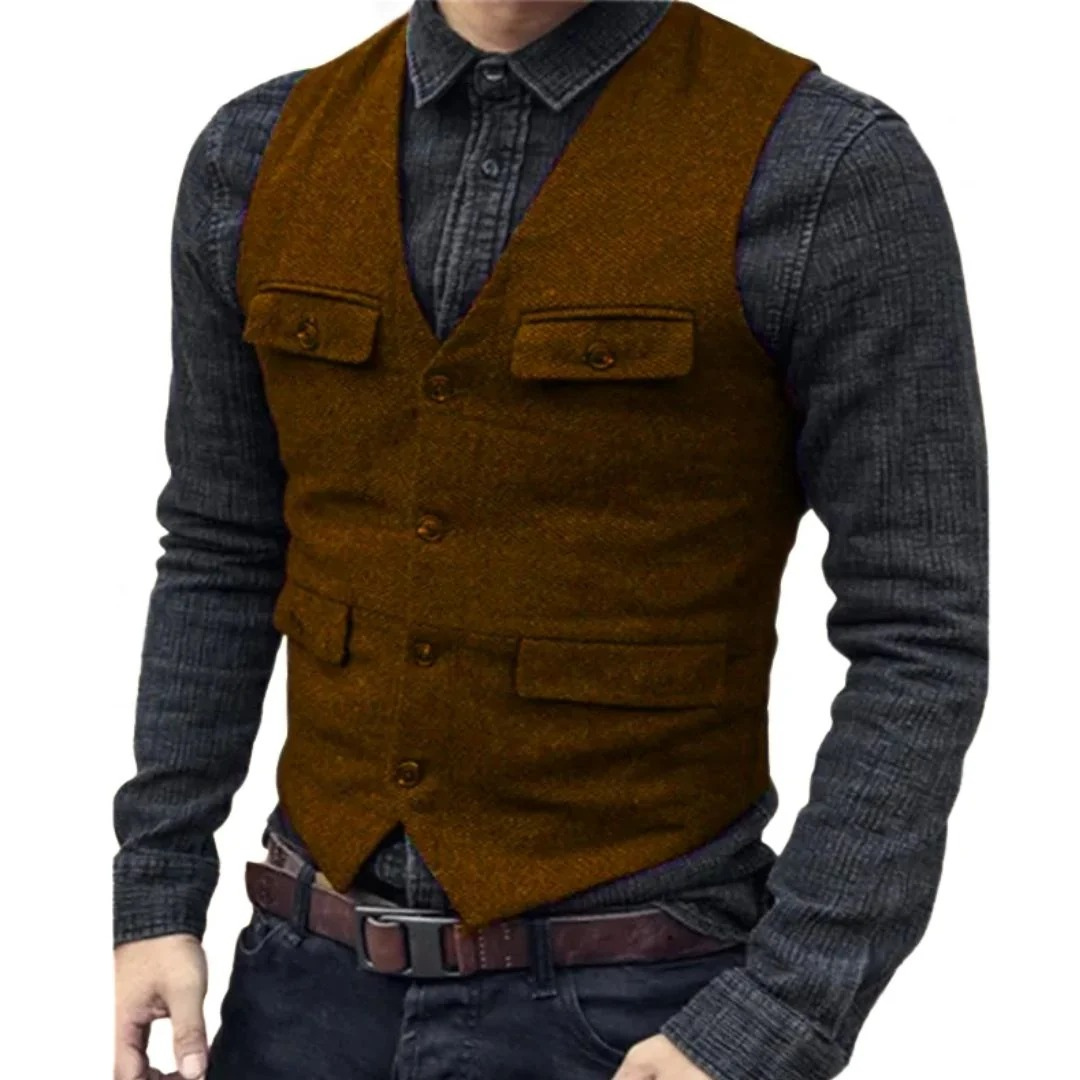Men's V-Neck Multi-Pocket Traditional Waistcoat