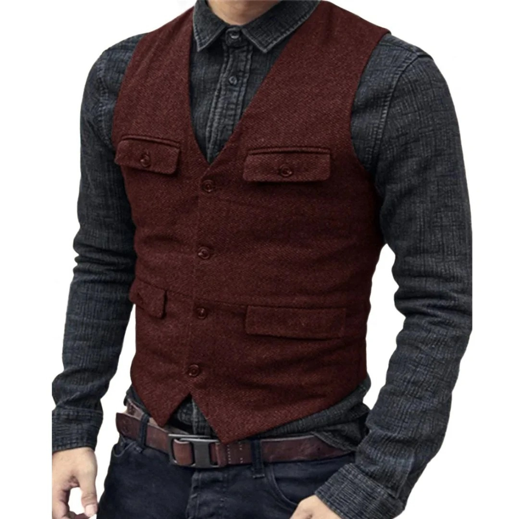 Men's V-Neck Multi-Pocket Traditional Waistcoat