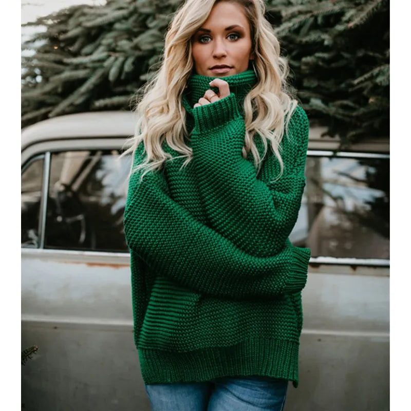 Women's Chunky Knit Fold-Over Turtleneck Oversized Sweater - Green