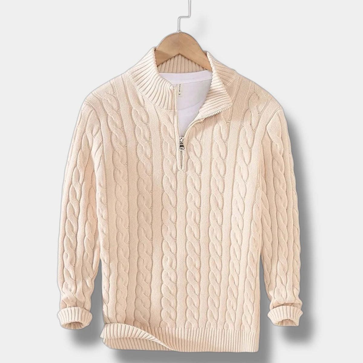 Men's Half-Zip Cable-Knit Stand Collar Sweater - Beige