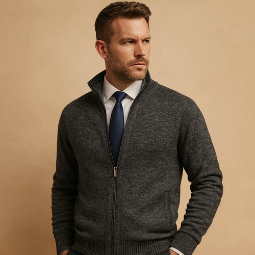Men's Classic Zip-Up Cardigan Sweater - Dark Gray