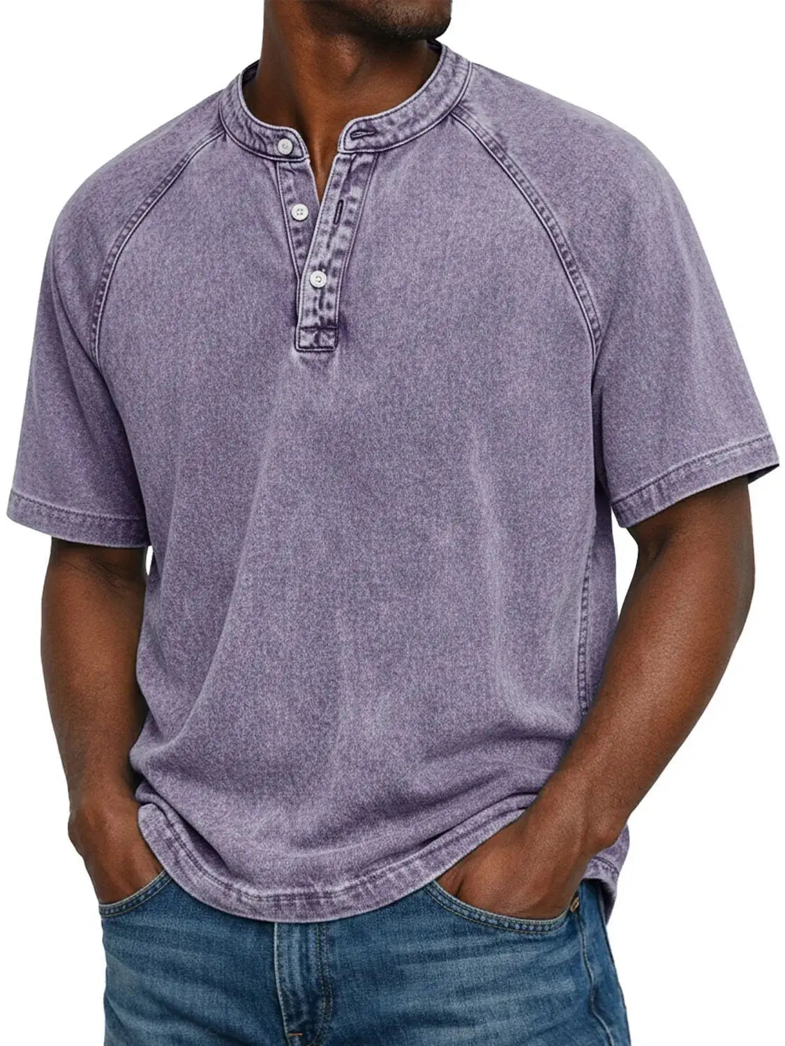 Men's Washed Short Sleeve Henley Tee with Raglan Sleeves - Purple