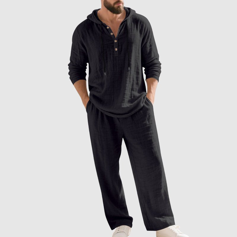 Men's Hooded Linen Lounge Set - Black