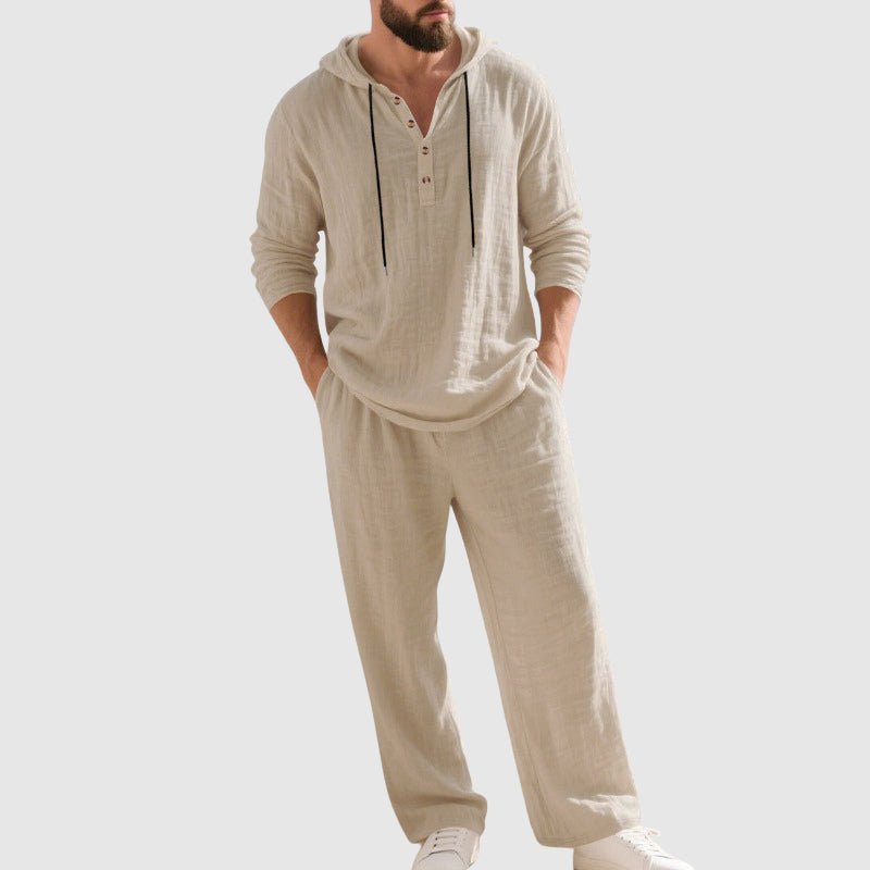 Men's Hooded Linen Lounge Set - Beige