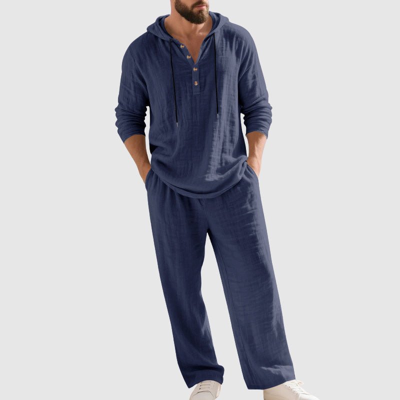 Men's Hooded Linen Lounge Set - Dark Blue