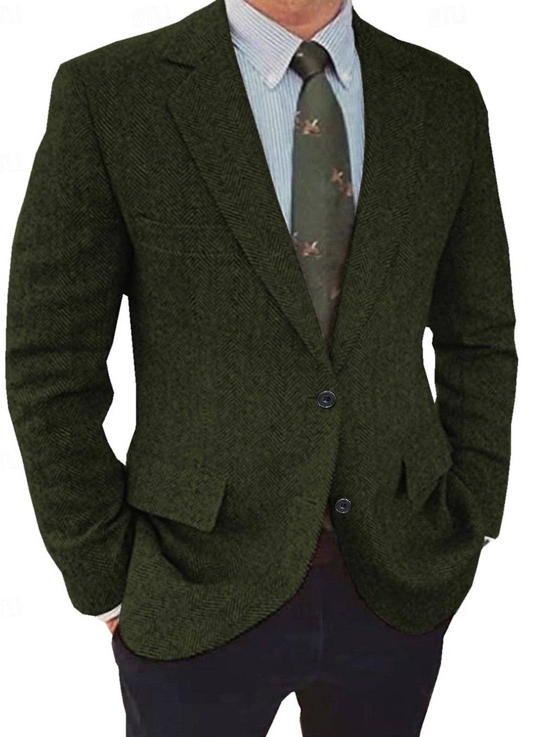 Men's Regular-Fit Herringbone Blazer with Notch Lapels - Olive Green