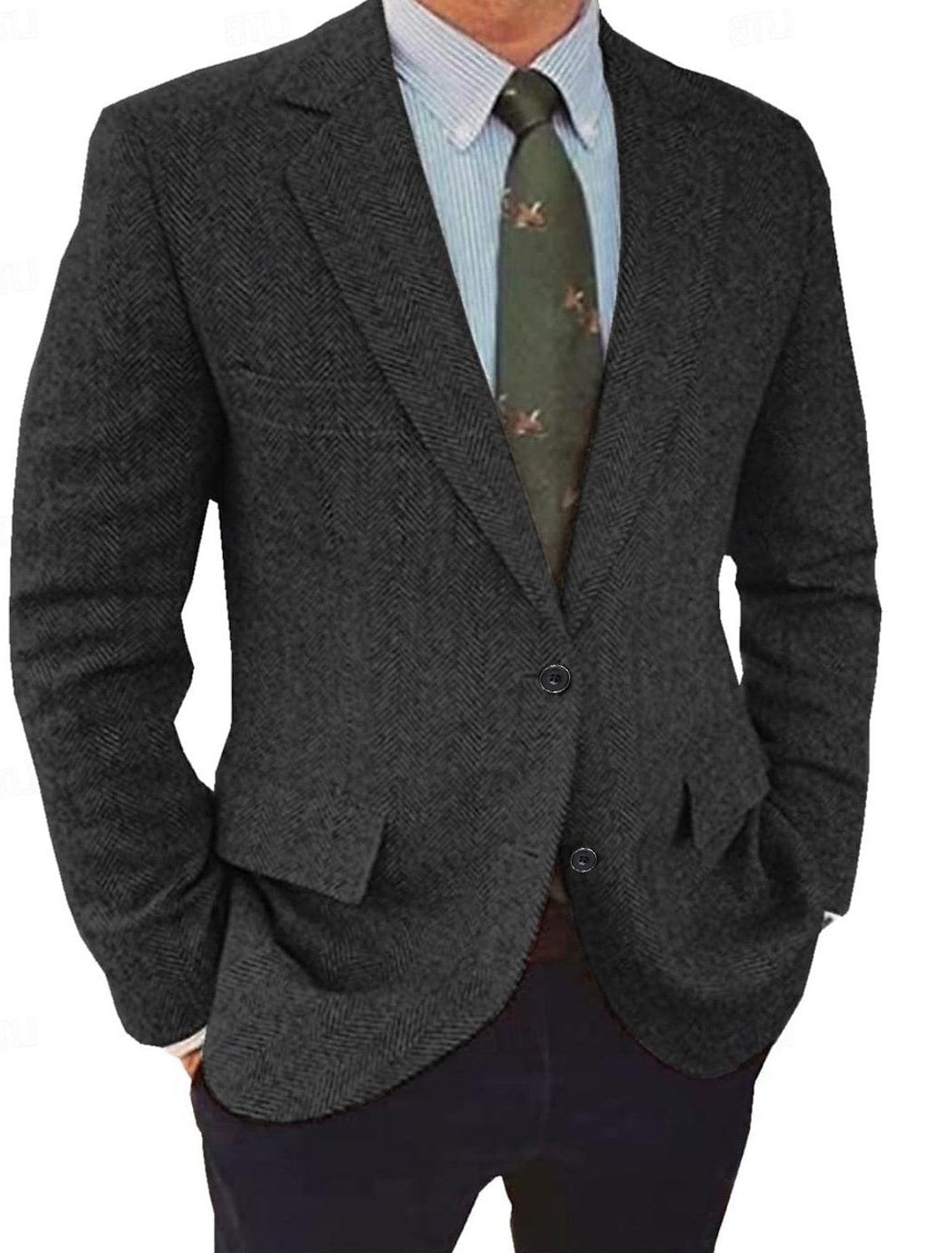 Men's Regular-Fit Herringbone Blazer with Notch Lapels - Black