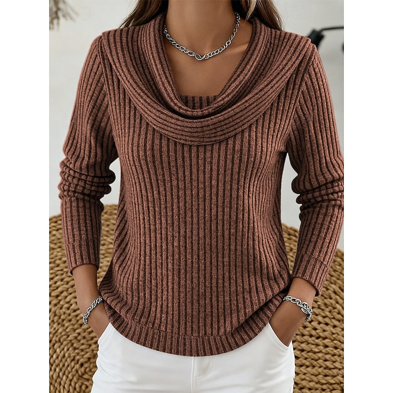 Women's Ribbed Cowl Neck Sweater - Dark Brown