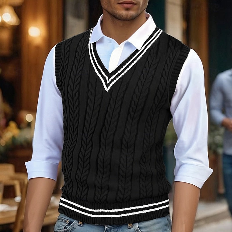 Men's Striped Cable-Knit V-Neck Vest - Red