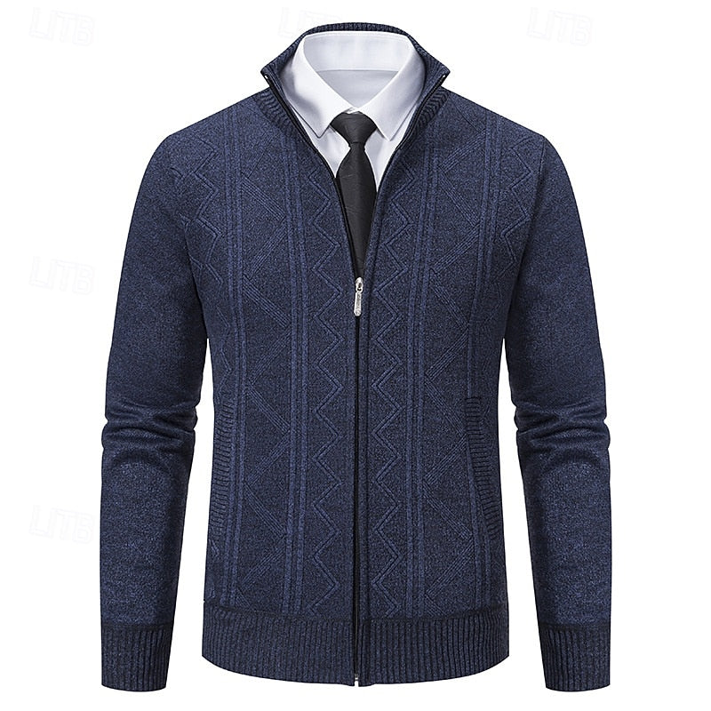 Men's Textured Knit Stand-Collar Zip Cardigan - Navy Blue