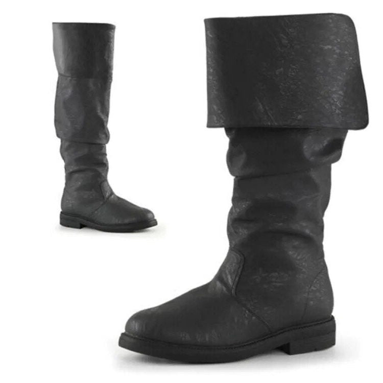 Men's Slouchy Knee-High Leather Pull-On Boots with Fold-Over Cuff - Black