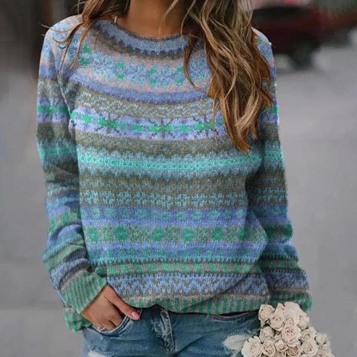 Women's Oversized Striped Fair Isle Crew Neck Sweater - Blue