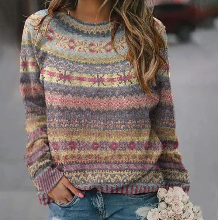 Women's Oversized Striped Fair Isle Crew Neck Sweater - Khaki