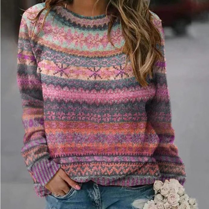 Women's Oversized Striped Fair Isle Crew Neck Sweater