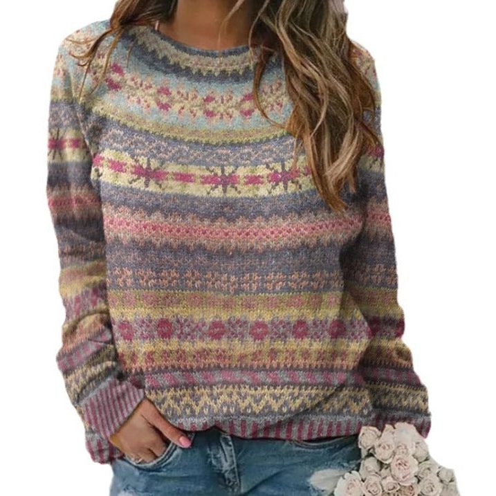 Women's Oversized Striped Fair Isle Crew Neck Sweater