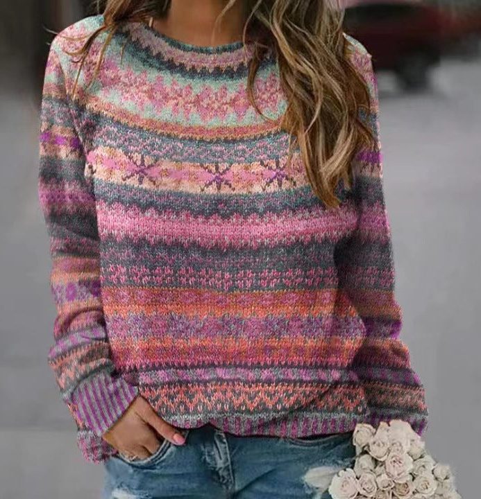 Women's Oversized Striped Fair Isle Crew Neck Sweater - Red