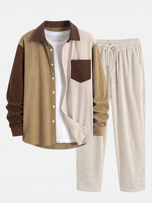 Men's Corduroy Shirt and Straight-Leg Trousers Set - Khaki/Cream
