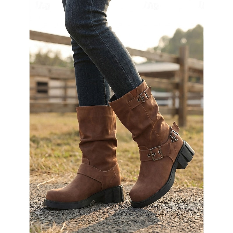 Women's Block Heel Moto Boots with Lug Sole - Yellow