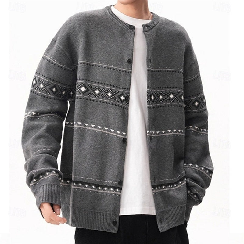 Men's Geometric Pattern Button-Down Holiday Cardigan